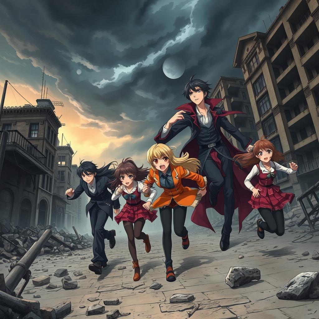 A thrilling scene illustrating anime characters, including both male and female figures, fleeing in a dynamic escape from a vampire boy lurking in a devastated cityscape