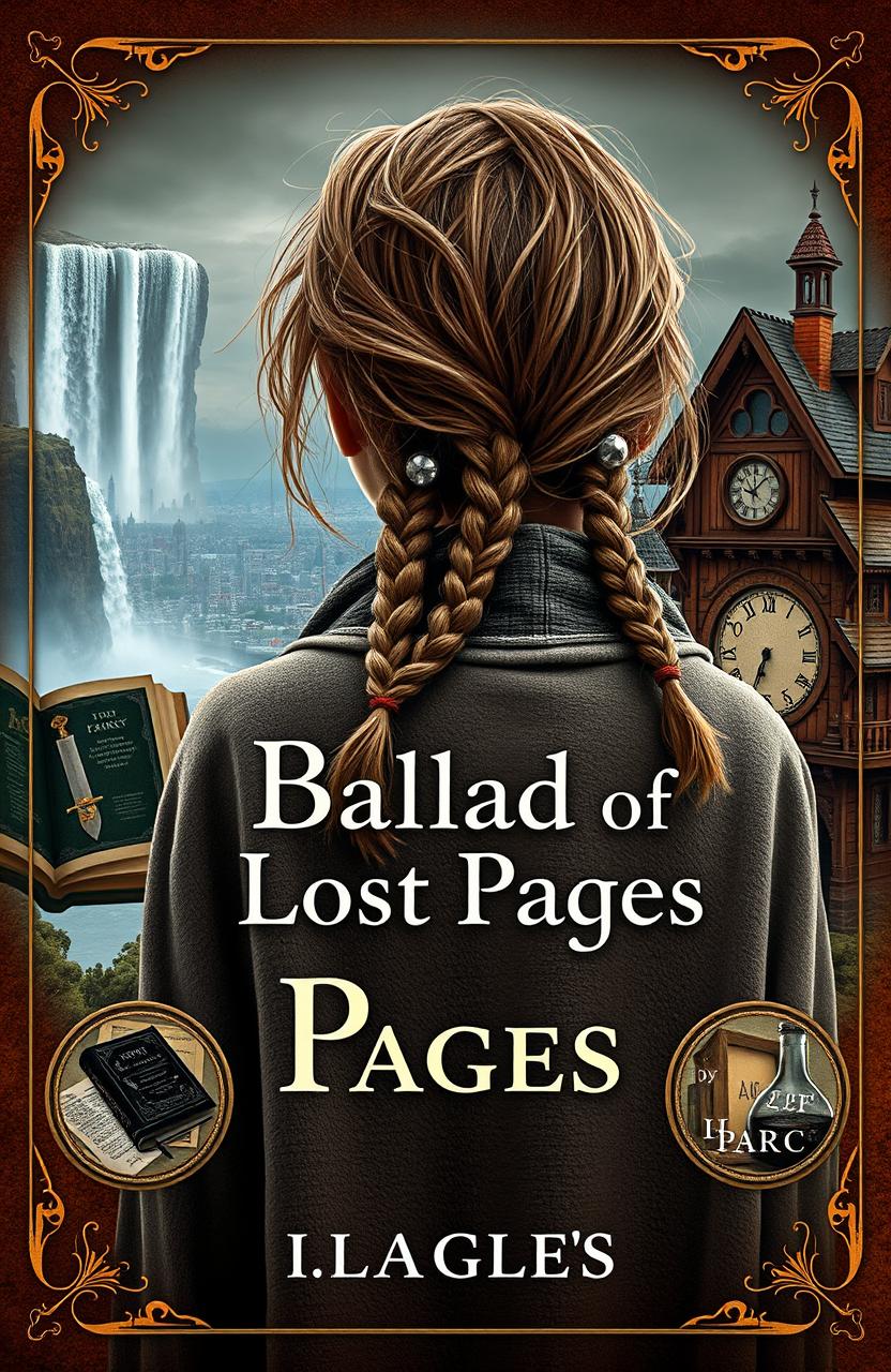 A book cover in 4:5 format featuring a girl with messy braided light brown hair viewed from the back, wearing a faded gray-brown cloak