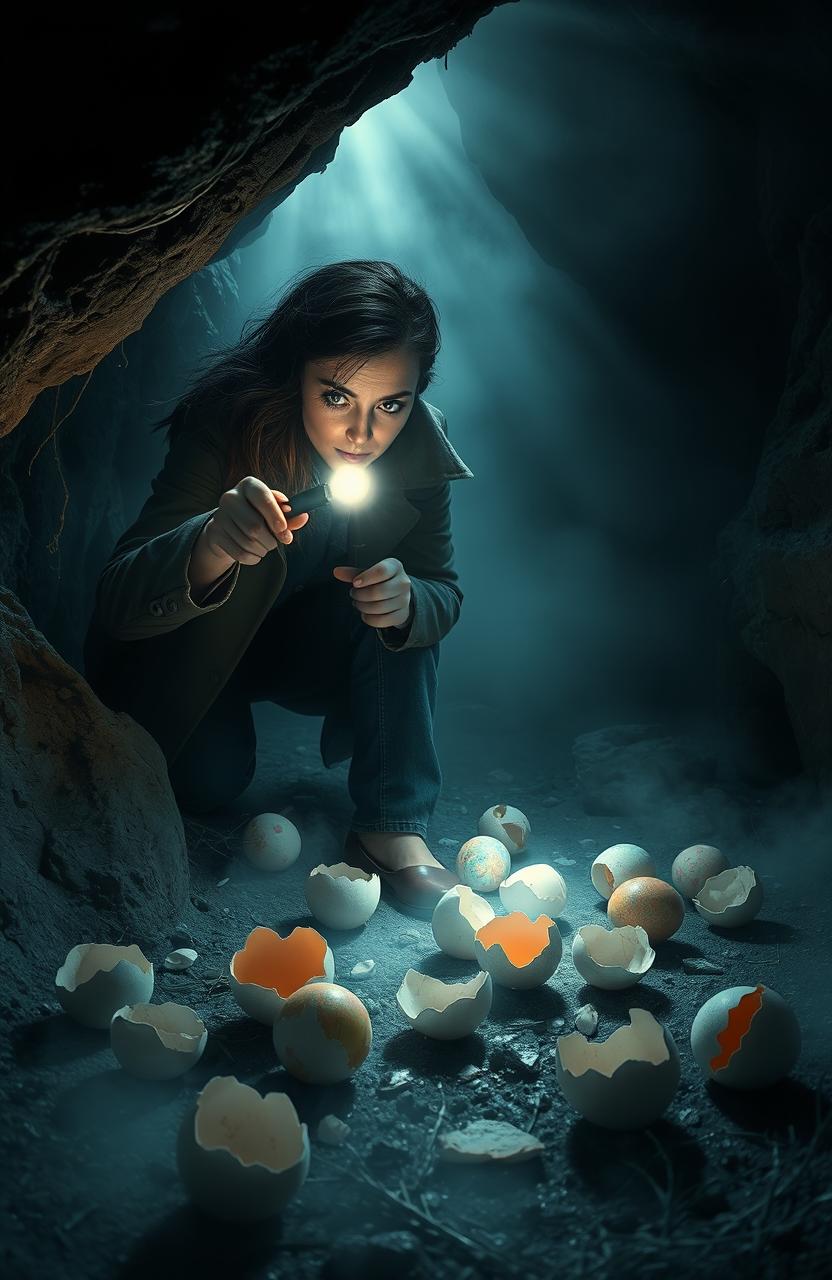 A dark-haired female detective exploring a mysterious, foggy cave