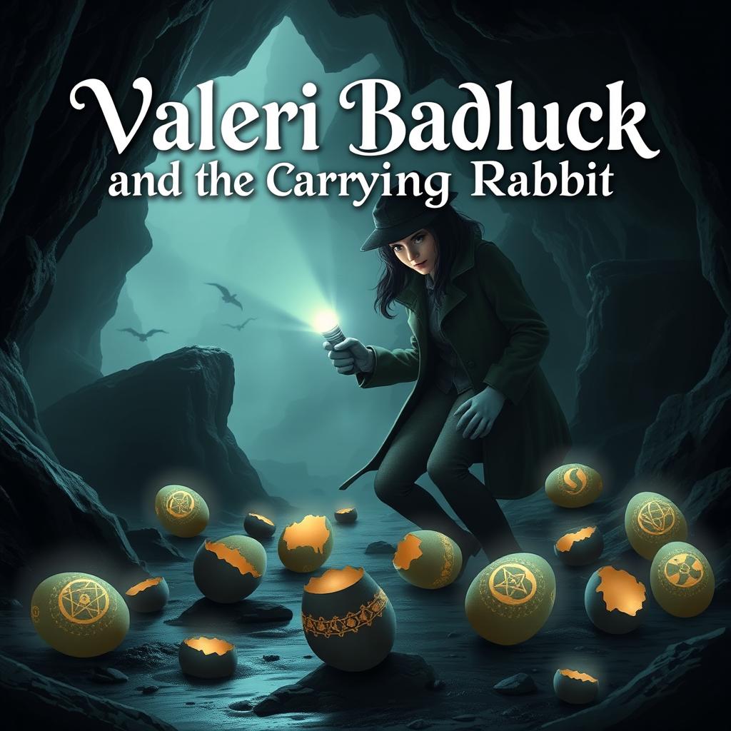 A beautifully designed title in a captivating font reading 'Valeri Badluck and the Carrying Rabbit', set against a backdrop of a dark-haired female detective exploring a mysterious foggy cave