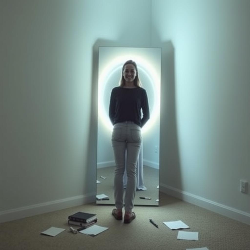 A person standing in front of a mirror in a serene, quiet room