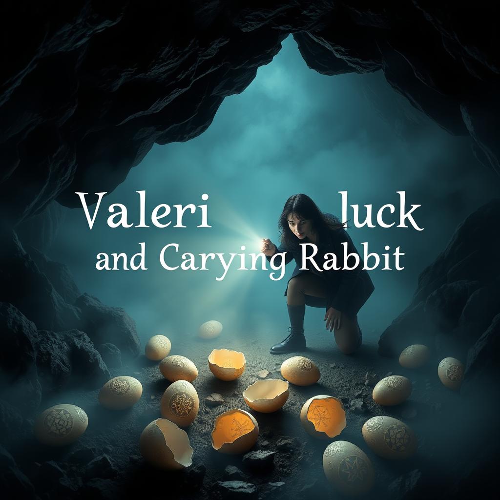 A beautifully crafted title in an enchanting font reading 'Valeri Badluck and the Carrying Rabbit', set in a visually striking scene featuring a dark-haired female detective searching through a foggy cave