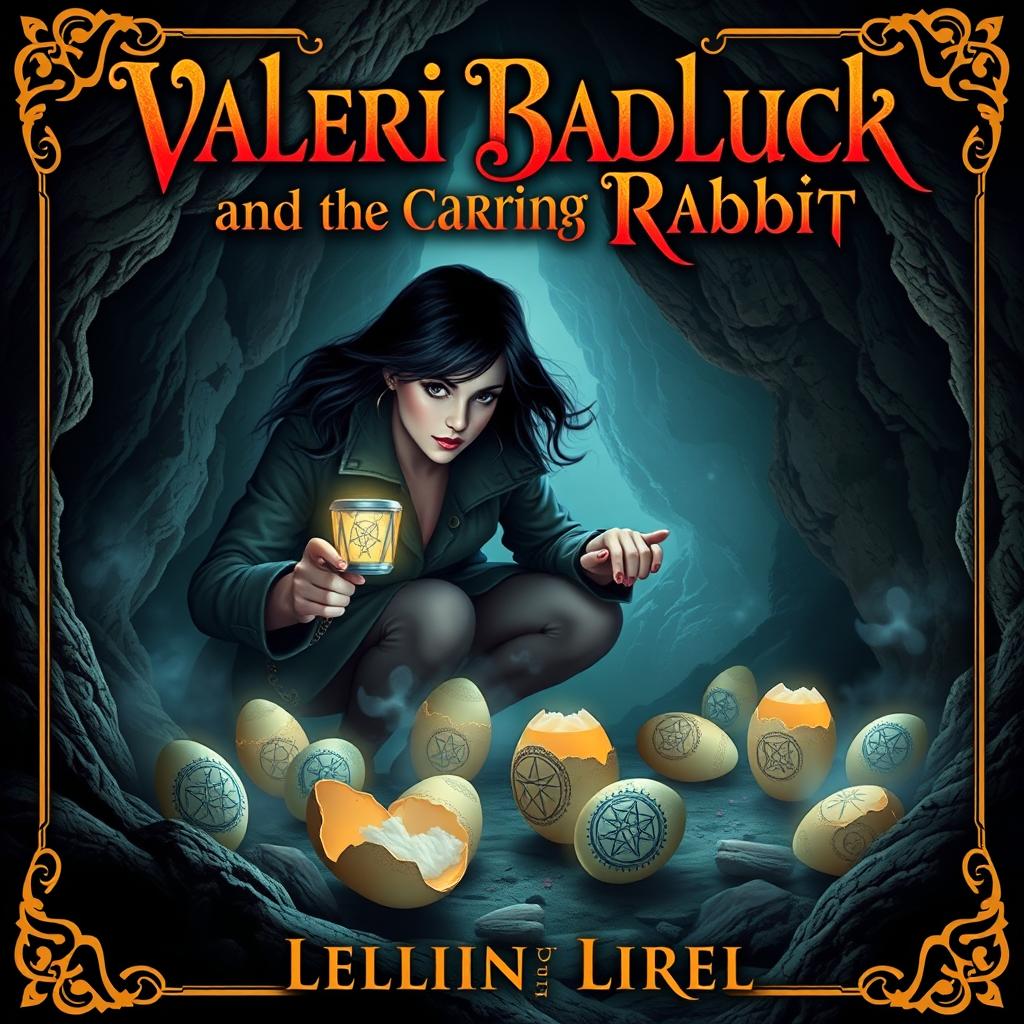 A captivating book cover for the fantasy novel titled 'Valeri Badluck and the Carrying Rabbit', featuring an ornate, beautiful fantasy text