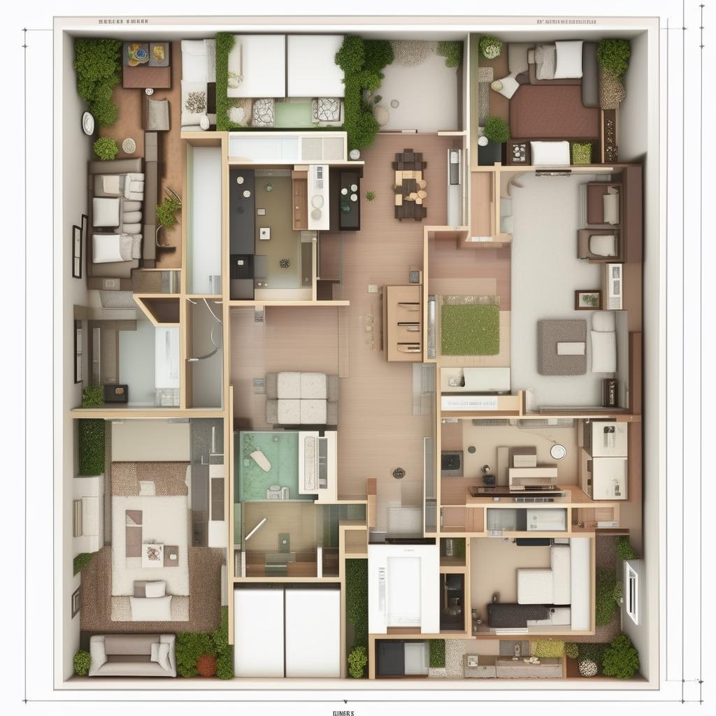 A detailed layout of a 3136 square foot property with seven rooms, including one fully-fitted modern kitchen. Each room should be portrayed with unique styling illustrating efficient space utilization.