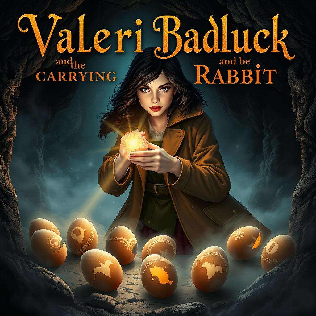 A mesmerizing 6x9 book cover for the fantasy novel titled 'Valeri Badluck and the Carrying Rabbit', featuring beautiful, ornate fantasy text