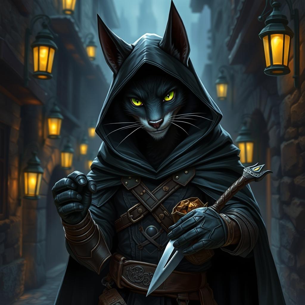 A striking tabaxi rogue named Night Fang, with sleek black fur and alluring green eyes