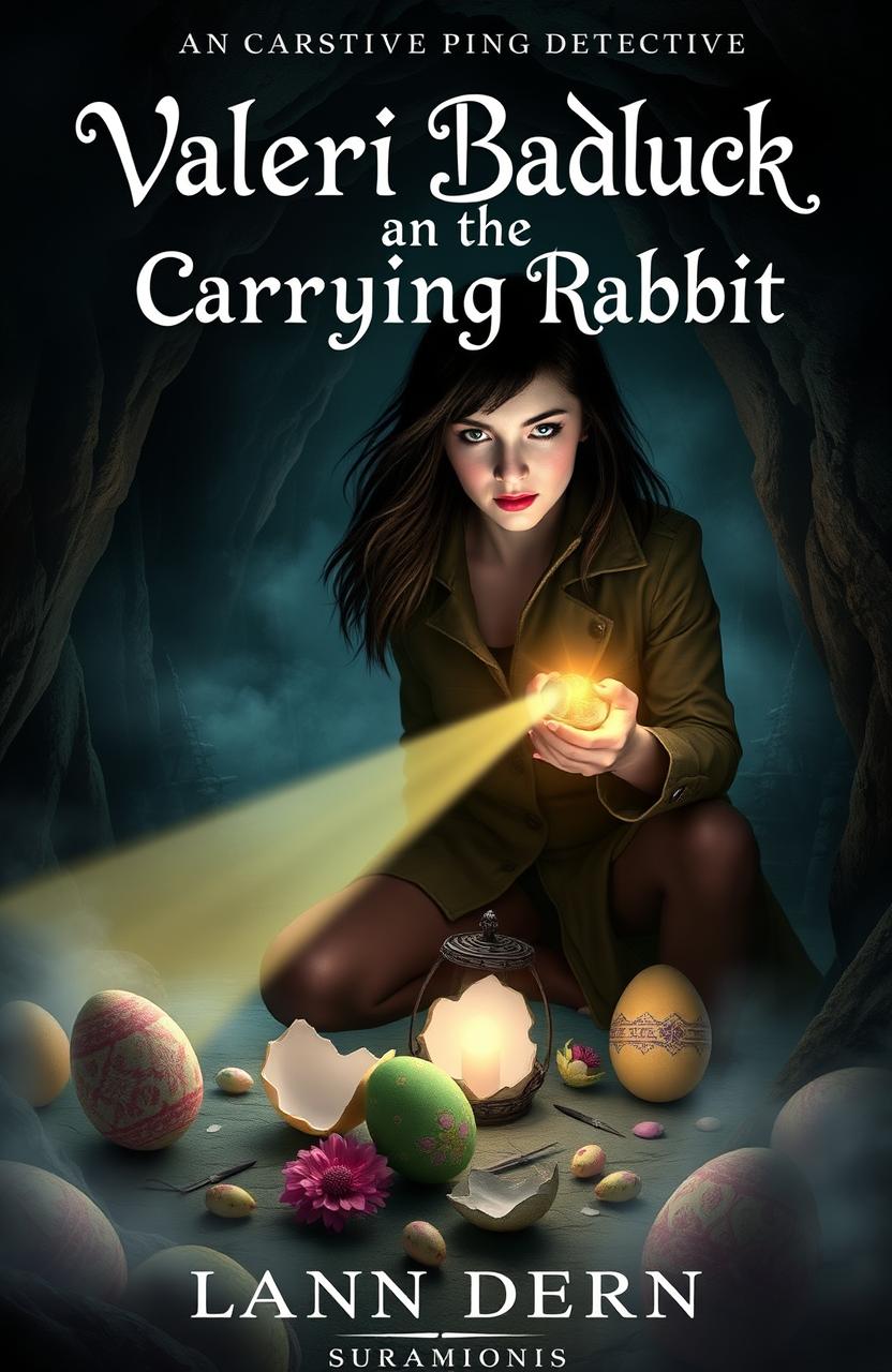 A mystical book cover for a novel titled 'Valeri Badluck and the Carrying Rabbit'