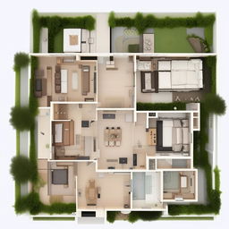 A detailed layout of a 3136 square foot property with seven rooms, including one fully-fitted modern kitchen. Each room should be portrayed with unique styling illustrating efficient space utilization.