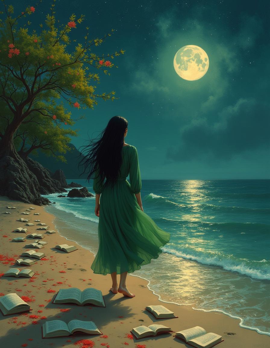 At night, a beautiful woman with long black hair walks barefoot along the seashore