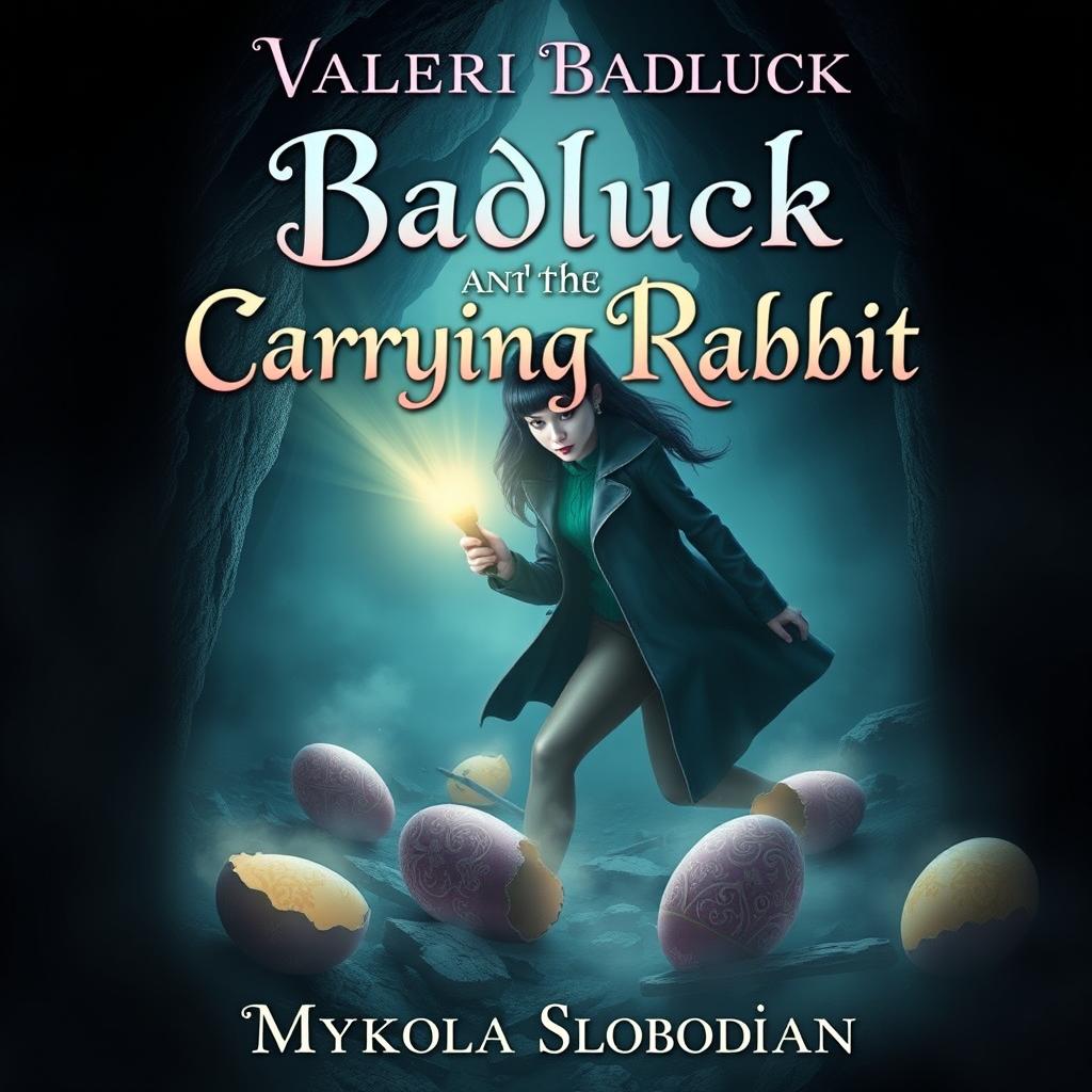 A mystical book cover for a novel titled 'Valeri Badluck and the Carrying Rabbit', authored by 'Mykola Slobodian'