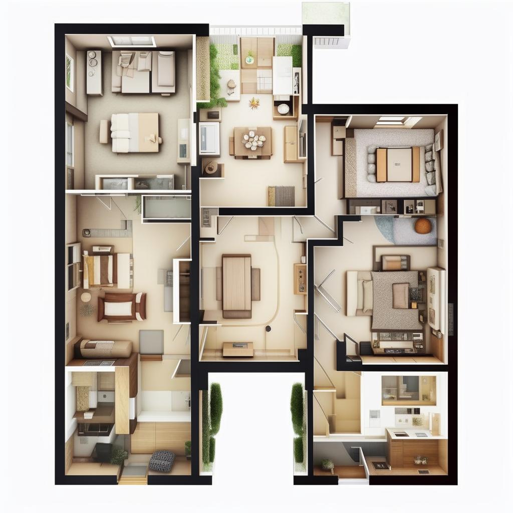 A detailed layout of a 3136 square foot property with seven rooms, including one fully-fitted modern kitchen. Each room should be portrayed with unique styling illustrating efficient space utilization.