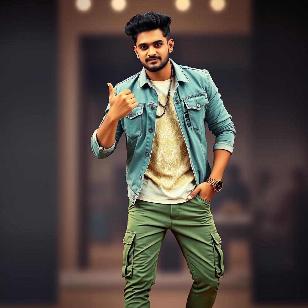 A handsome Indian heavy singer showcasing a stylish and elegant look
