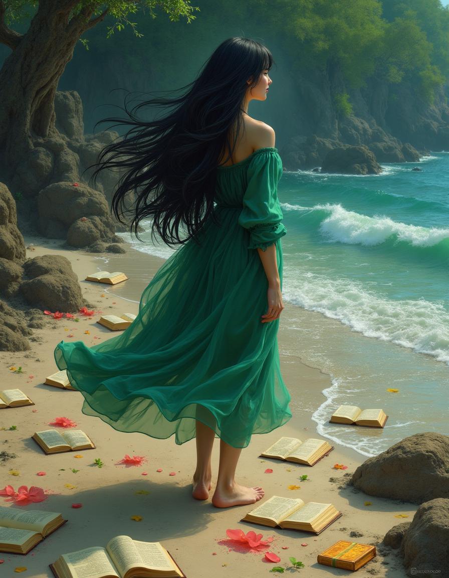A beautiful woman with long black hair walks barefoot on the seashore, her cheeks glistening with tears