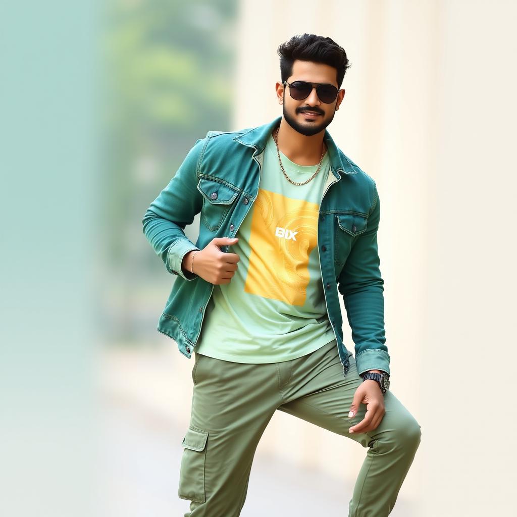 A handsome Indian heavy singer exuding style and charm, dressed in an elegant green denim jacket that adds sophistication to his look