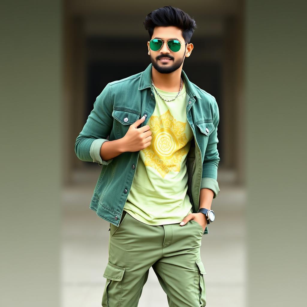A handsome Indian heavy singer, exuding confidence and charm, is dressed in an elegant green denim jacket that enhances his sophisticated look