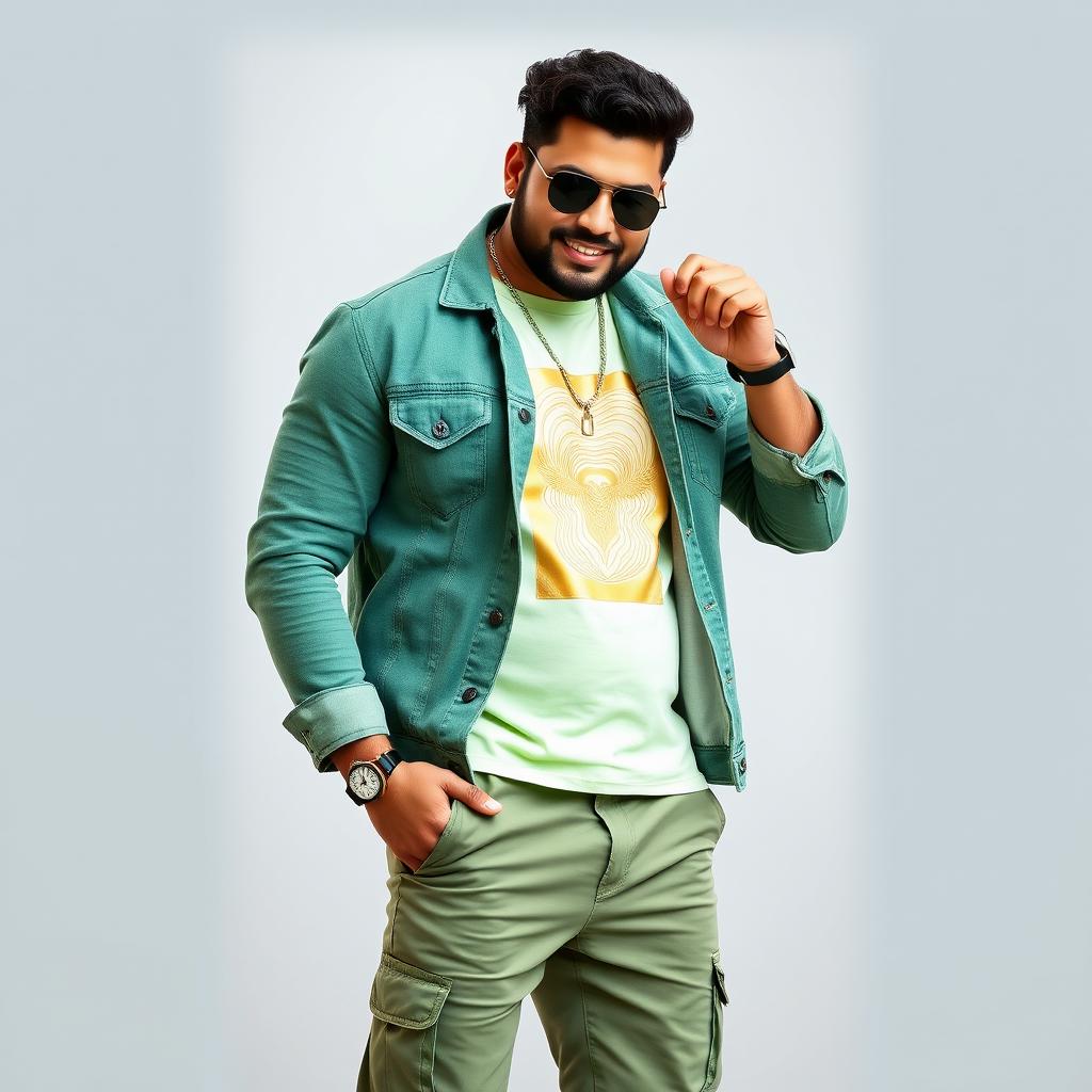 A handsome Indian heavy-bodied singer radiating confidence and style, dressed in an elegant green denim jacket that complements his physique