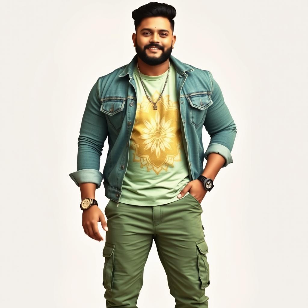 A handsome Indian heavy-bodied singer, exuding confidence and style, dressed in an elegant green denim jacket that complements his robust physique
