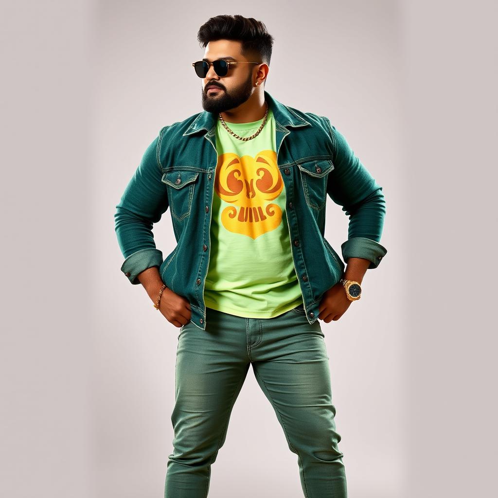 A handsome Indian heavy-bodied singer stands confidently, dressed in an elegant green denim jacket that complements his robust physique