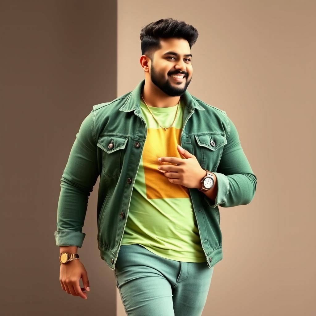 A handsome Indian heavy-bodied singer exuding charm and confidence, dressed in an elegant green denim jacket that fits perfectly with his robust physique