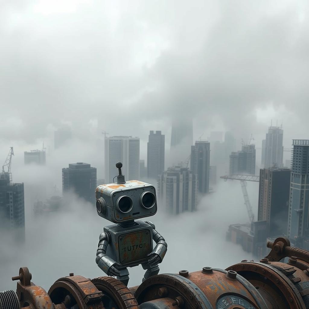 A futuristic city skyline engulfed in thick gray smog, showcasing towering buildings and complex robotic structures