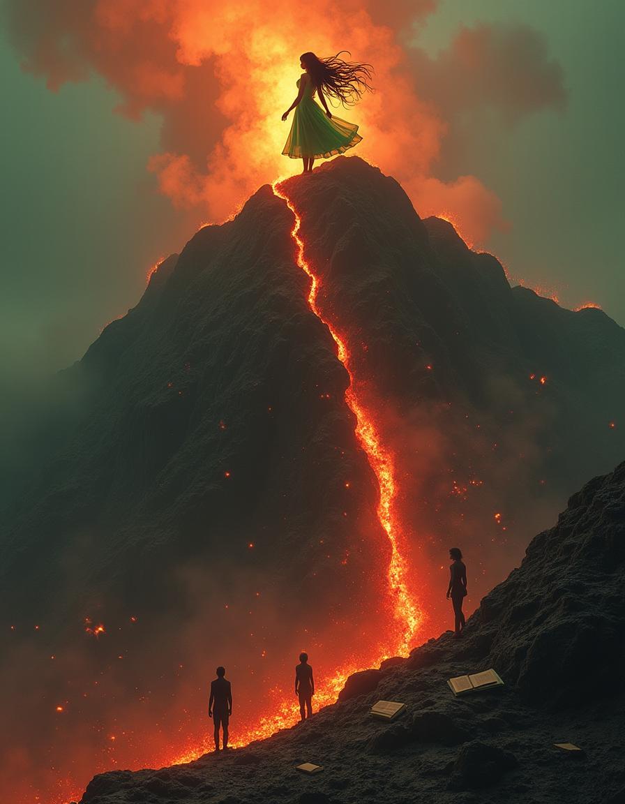 Rise from the Depths: A Woman Emerges from a Volcanic Mountain