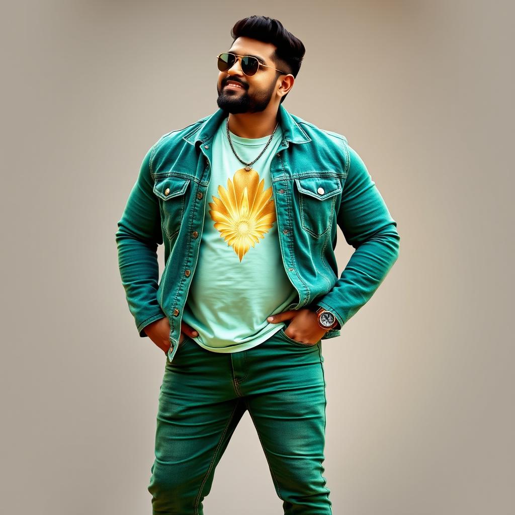 A handsome Indian heavy-bodied singer radiating charisma and style, dressed in an elegant green denim jacket that fits his robust frame perfectly