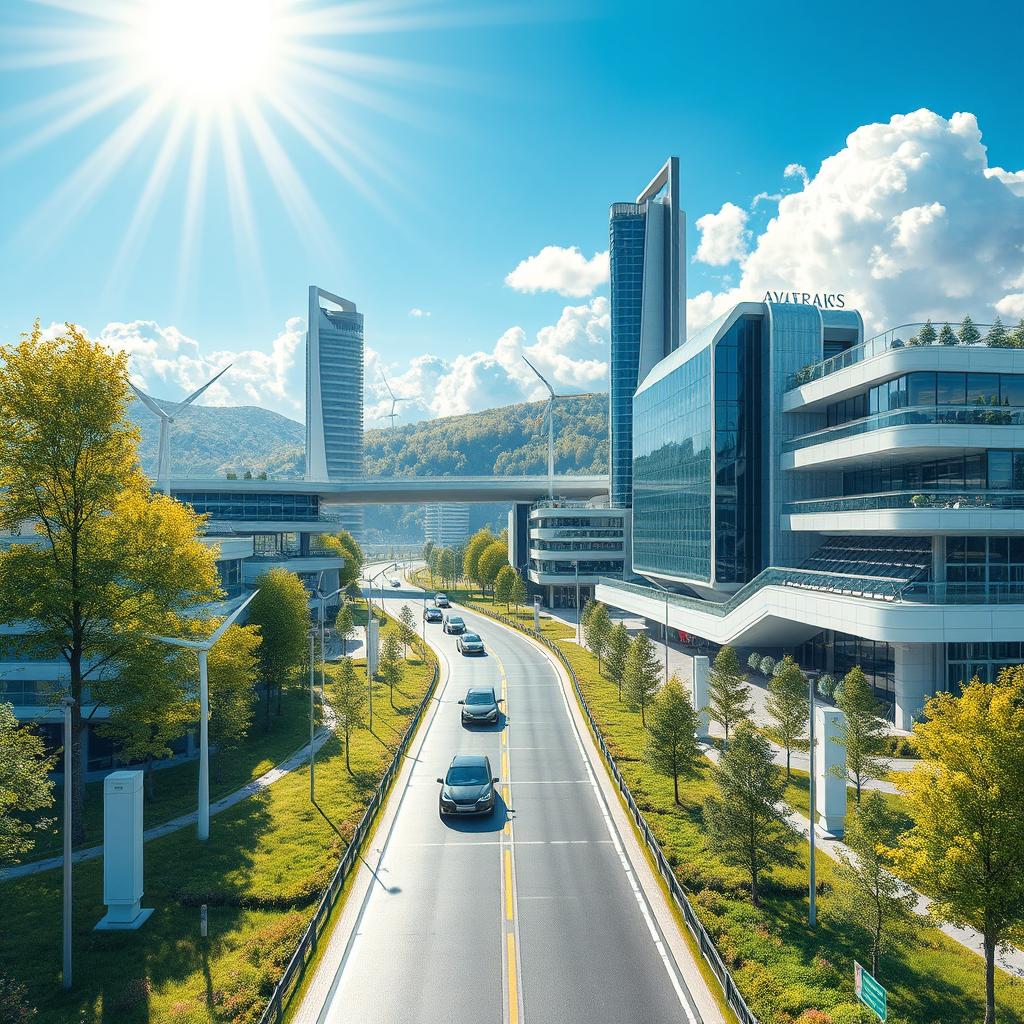 Develop a modern design for a futuristic city set against the backdrop of lush Siberian nature in summer