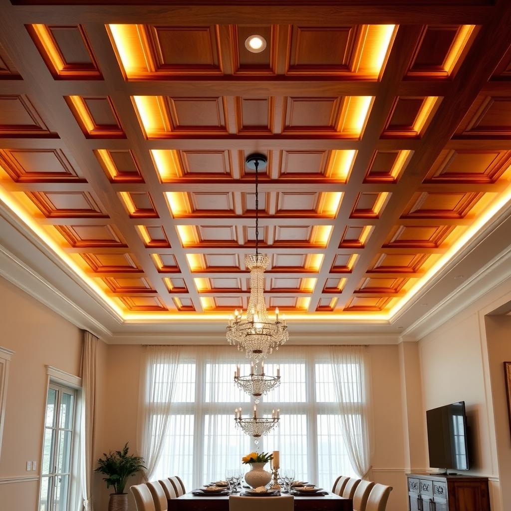A beautifully designed coffered ceiling for a rectangular dining room, featuring an elegant pattern of recessed panels that create depth and sophistication