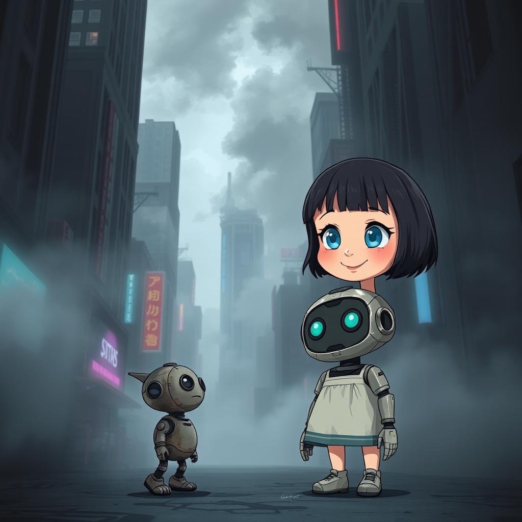 A futuristic city covered in gray smog, featuring tall buildings and robotic structures