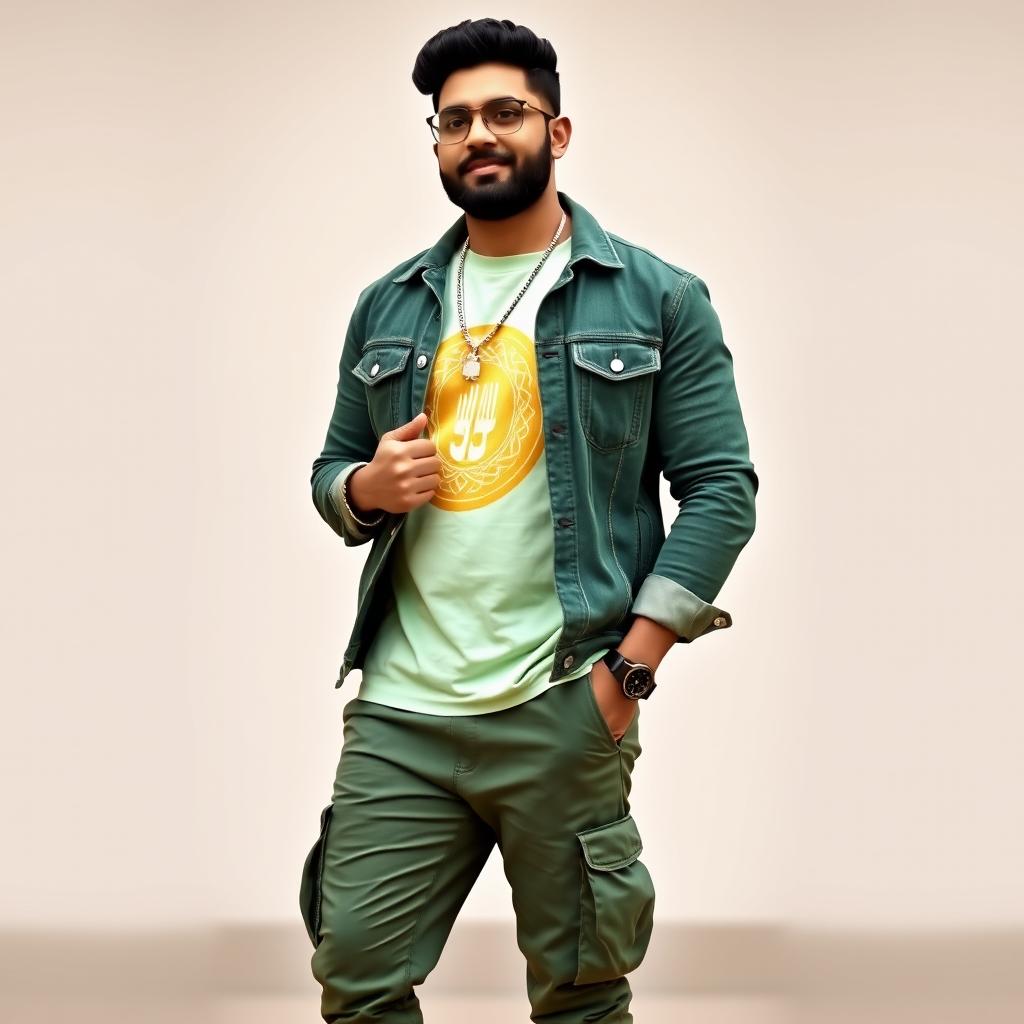 A handsome Indian heavy-bodied singer exuding charm, dressed in an elegant green denim jacket that perfectly complements his robust build