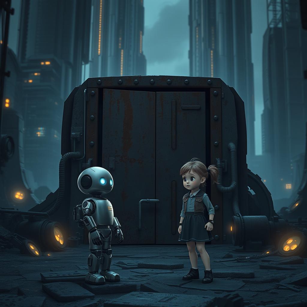 A small robot and a little girl stand before a hidden rusty metal door at the edge of a futuristic city
