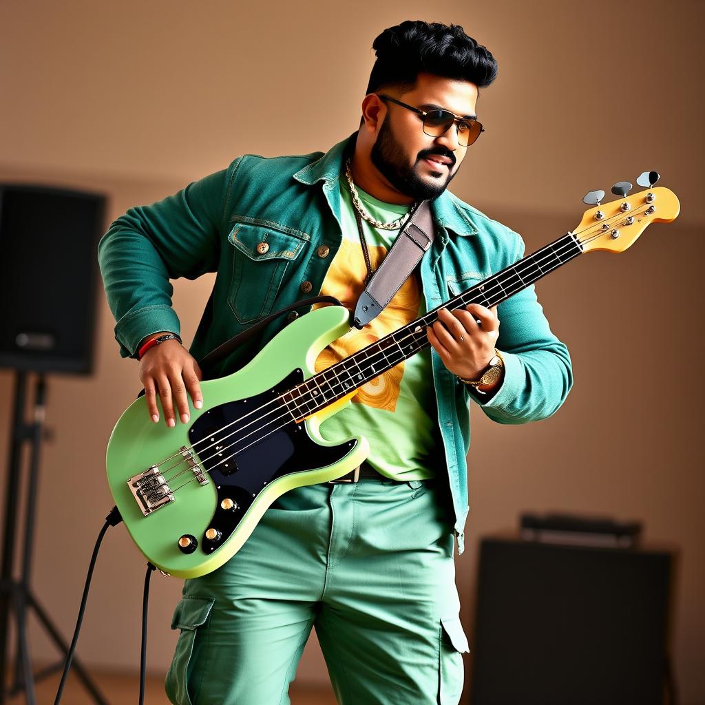 A handsome Indian heavy-bodied singer exuding confidence and style, dressed in an elegant green denim jacket that perfectly complements his robust physique