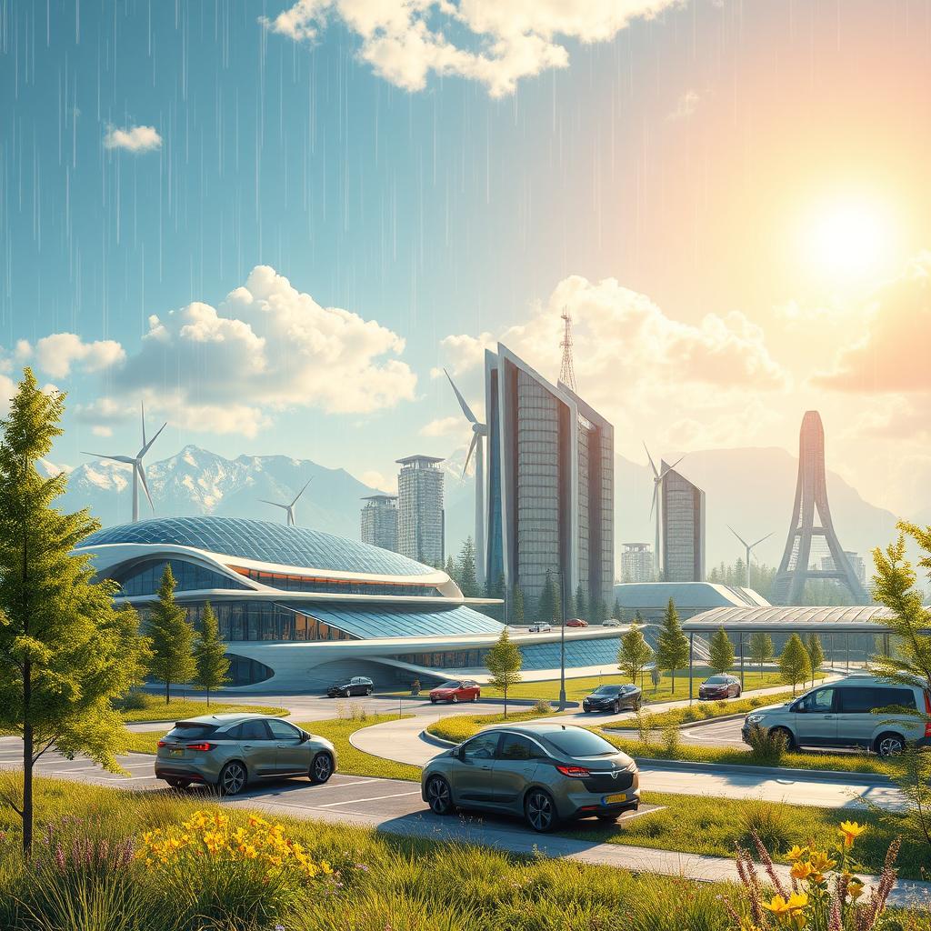 Design a modern vision of the future set against the backdrop of vibrant Siberian nature in summer