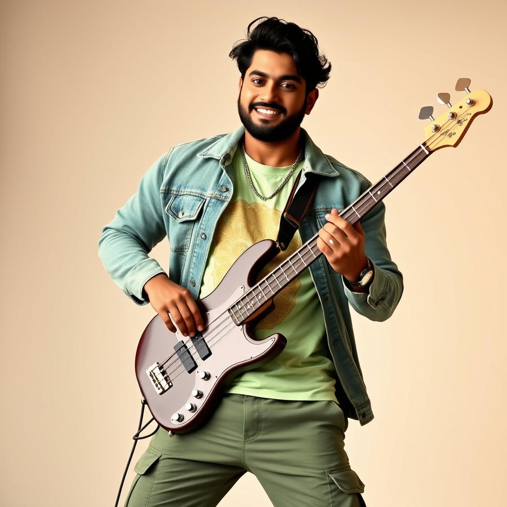 A handsome Indian heavy-bodied singer radiating charm and style, dressed in an elegant green denim jacket that beautifully complements his strong physique