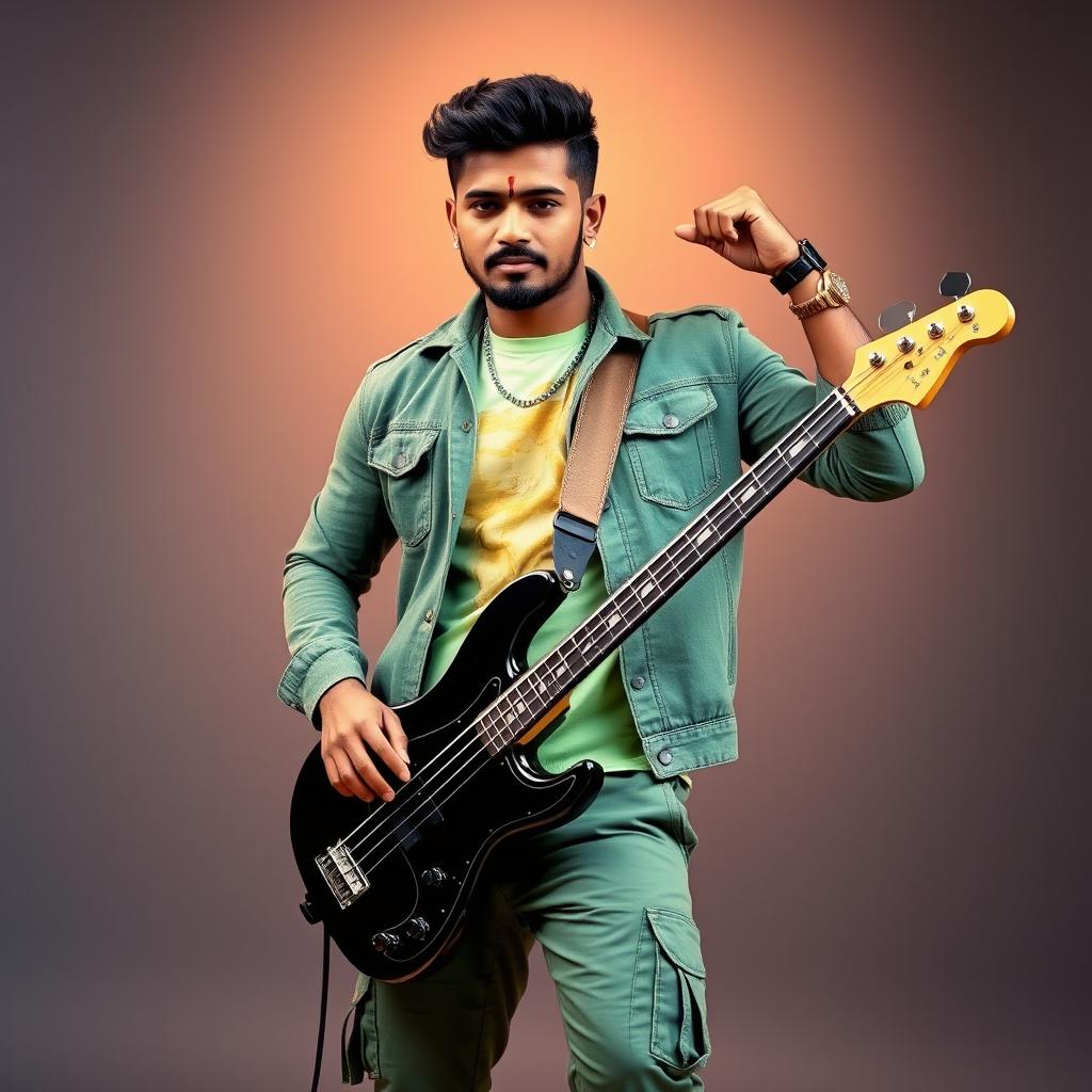A handsome Indian heavy-bodied singer displaying charisma, dressed in an elegant green denim jacket that enhances his strong physique