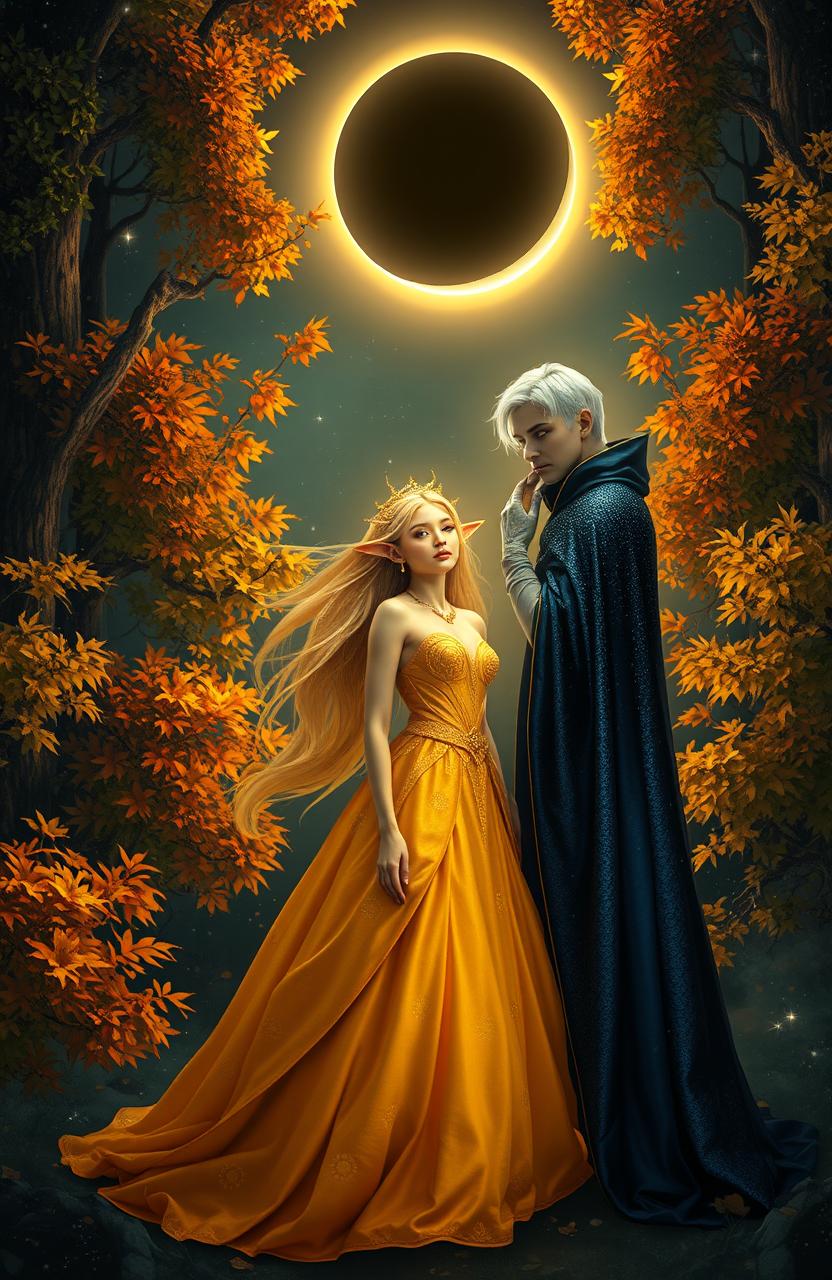 A magical scene in an enchanted forest during a lunar eclipse, featuring a beautiful sun princess with long, elegant ears, wearing a flowing golden gown adorned with sun motifs