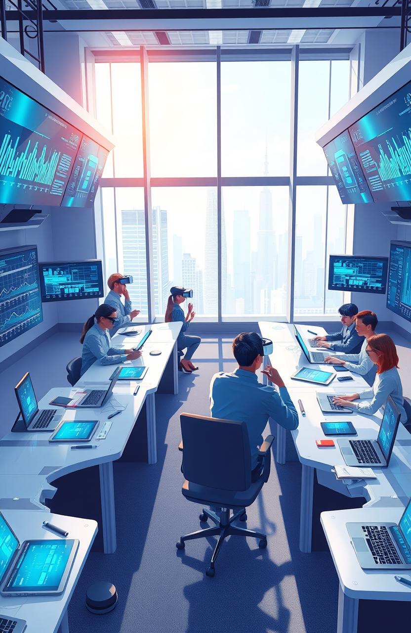 An illustration of a modern ICT (Information and Communication Technology) environment, showcasing a futuristic office space with sleek, ultra-modern desks filled with cutting-edge technology like tablets, laptops, and holographic displays
