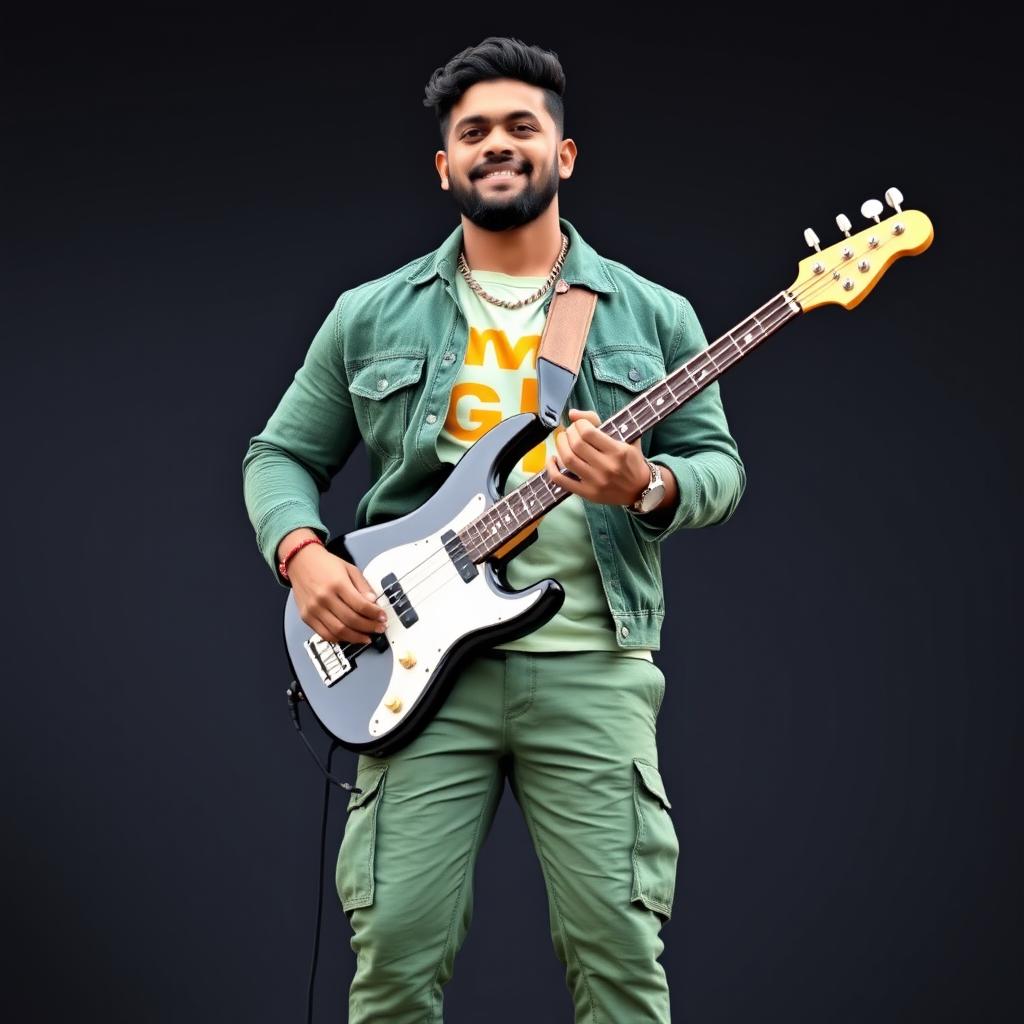 A handsome Indian heavy-bodied singer radiating charm and confidence, dressed in an elegant green denim jacket that enhances his strong stature