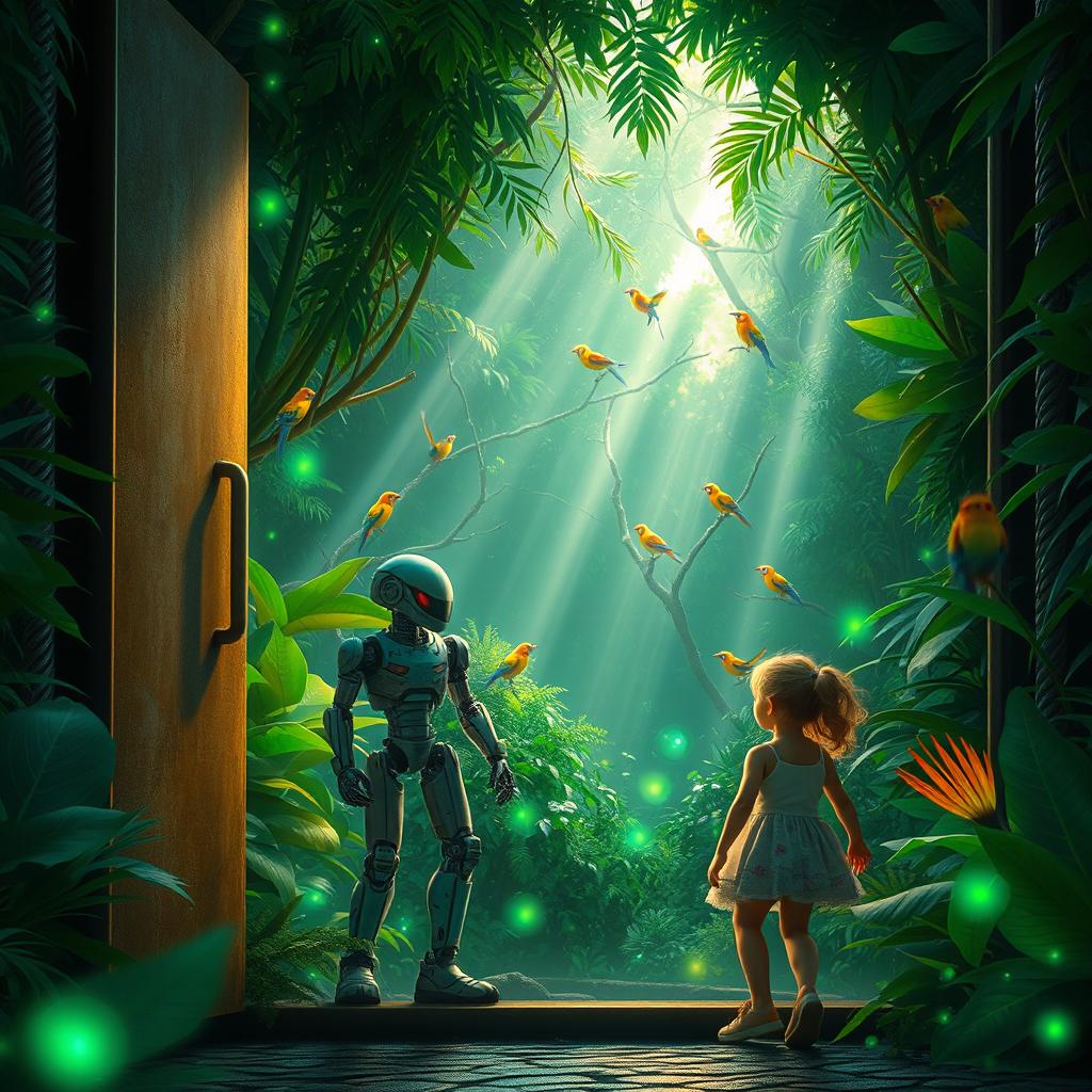 A breathtaking scene beyond a metal door showcasing a lush green jungle filled with glowing plants and vibrant, colorful birds