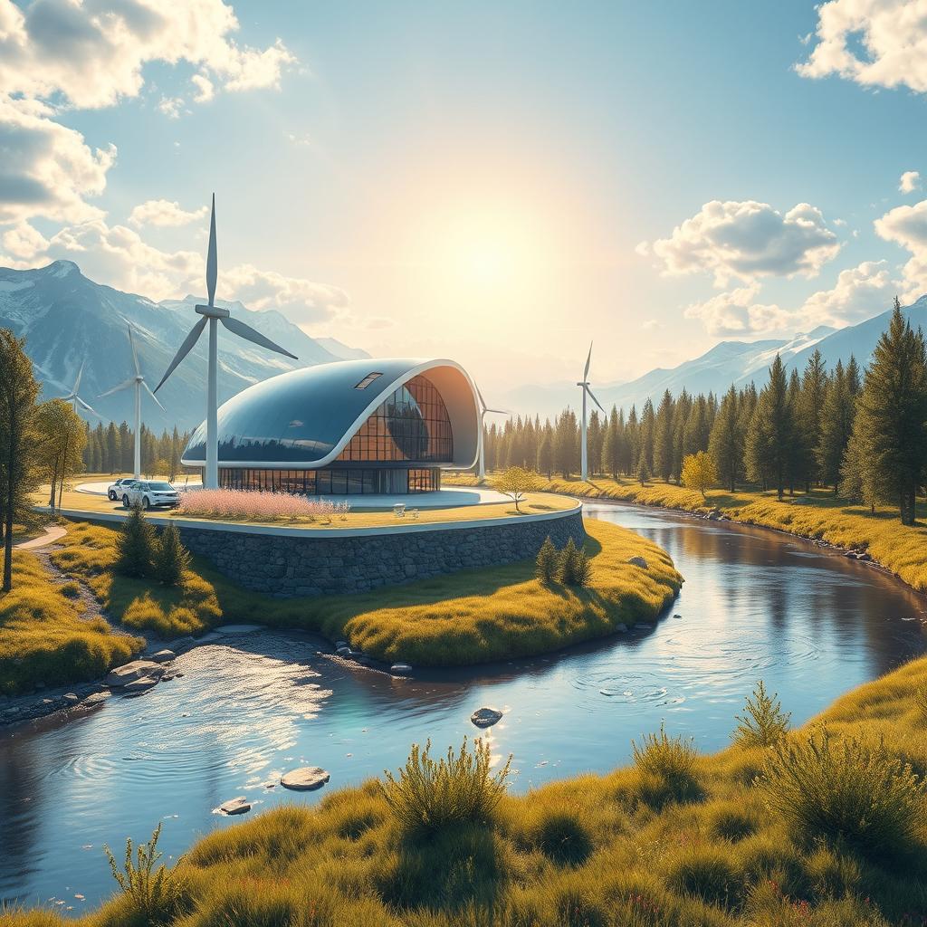 Design a modern vision of the future set against the stunning backdrop of Siberian nature during summer