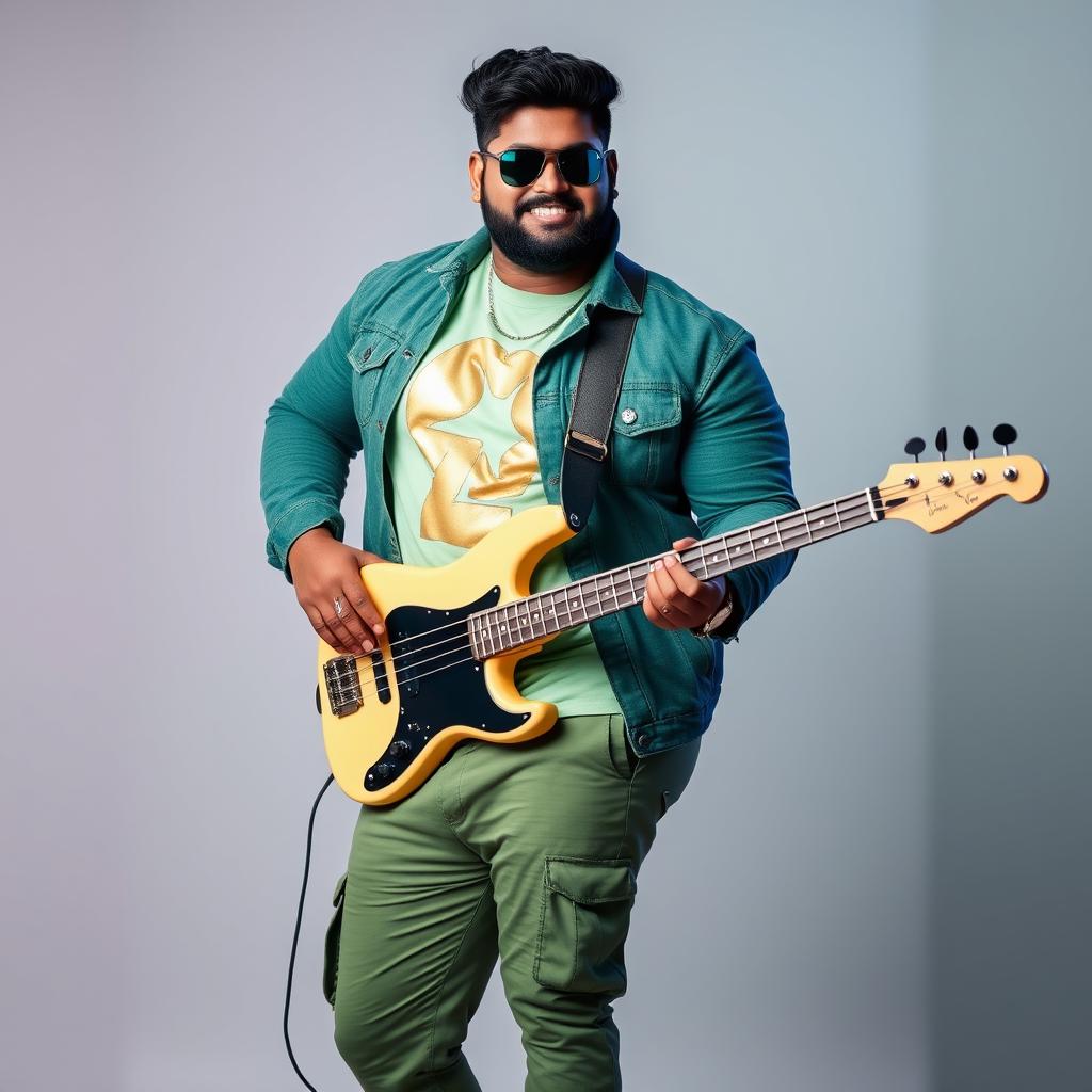 A handsome Indian heavy-bodied singer exuding charisma and style, dressed in an elegant green denim jacket that perfectly complements his strong build