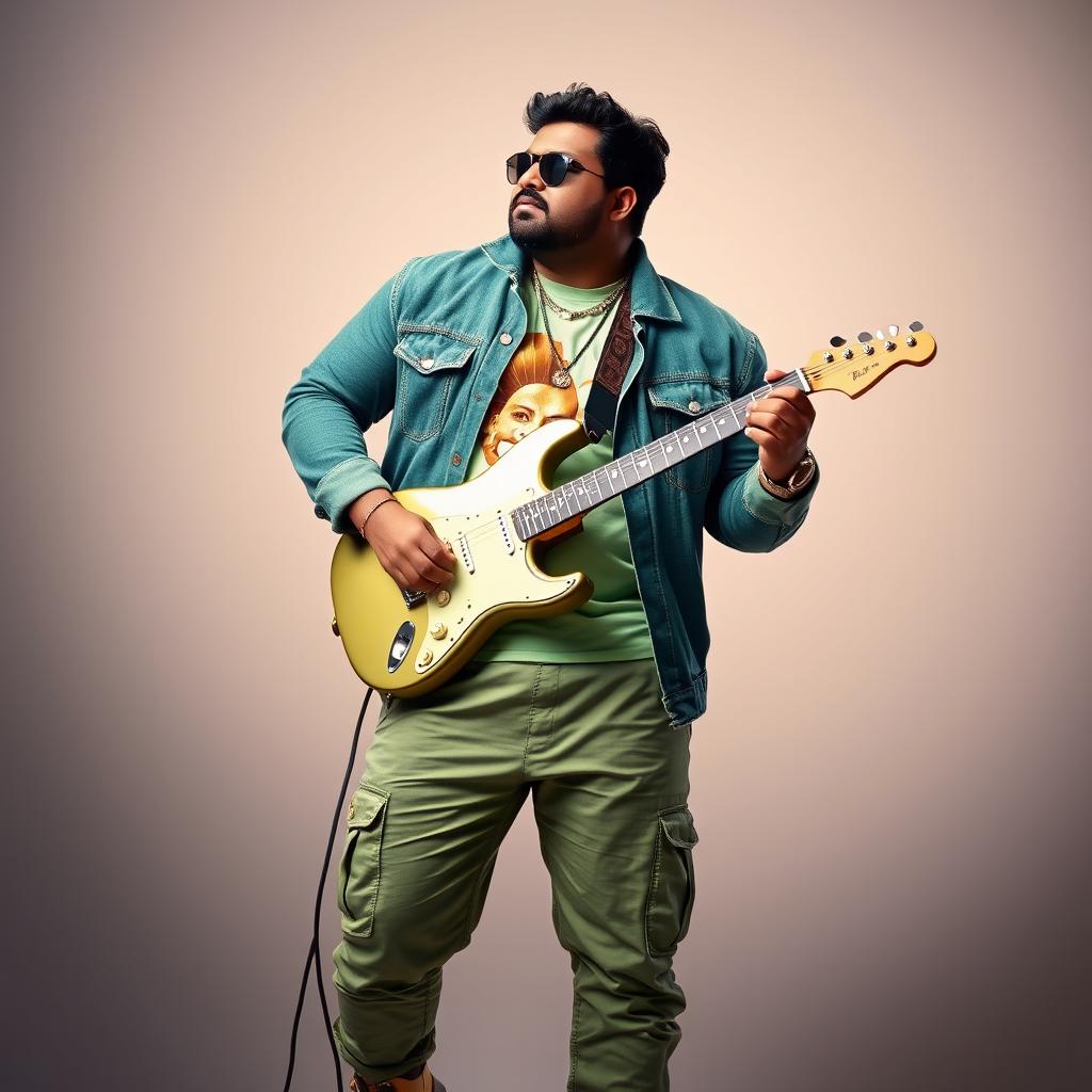 A handsome Indian heavy-bodied singer exuding style and confidence, dressed in an elegant green denim jacket that highlights his robust frame