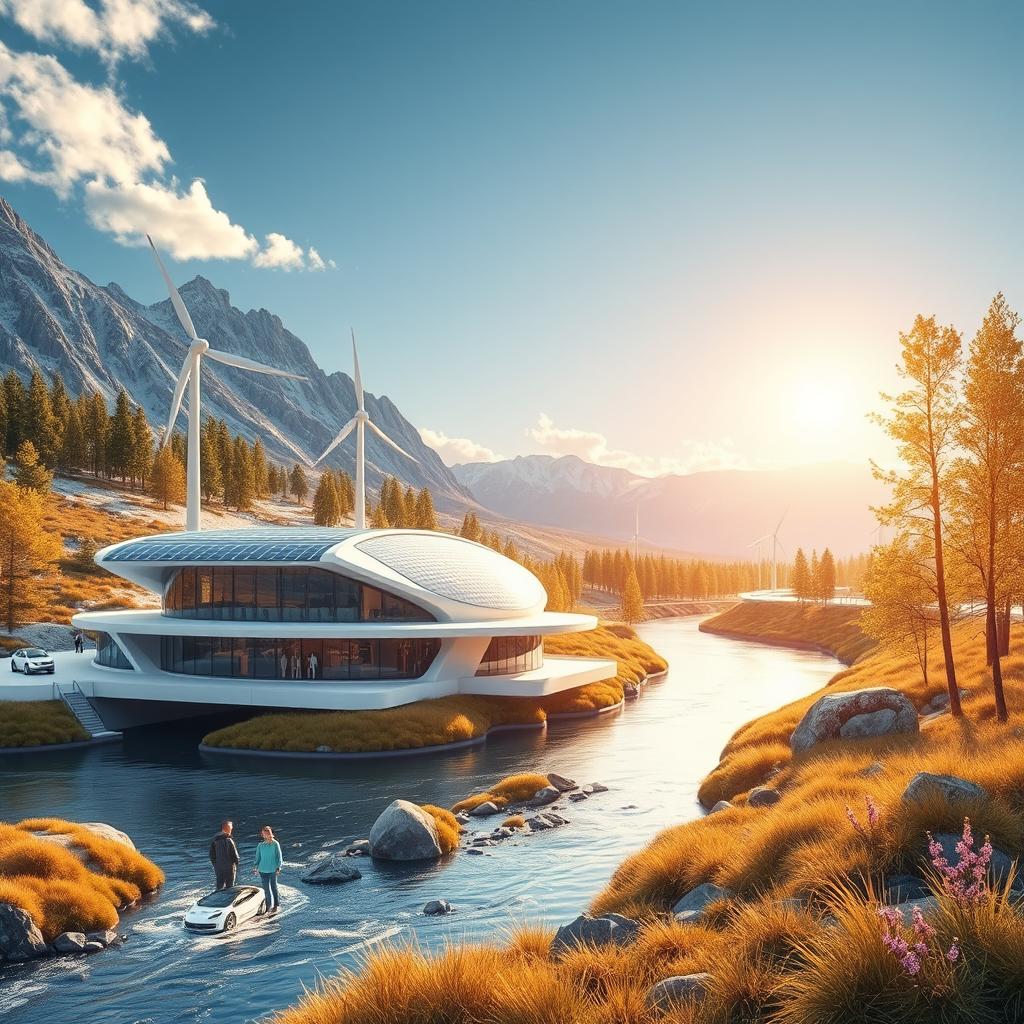 Create a modern design of the future set against the breathtaking backdrop of Siberian nature in the summer