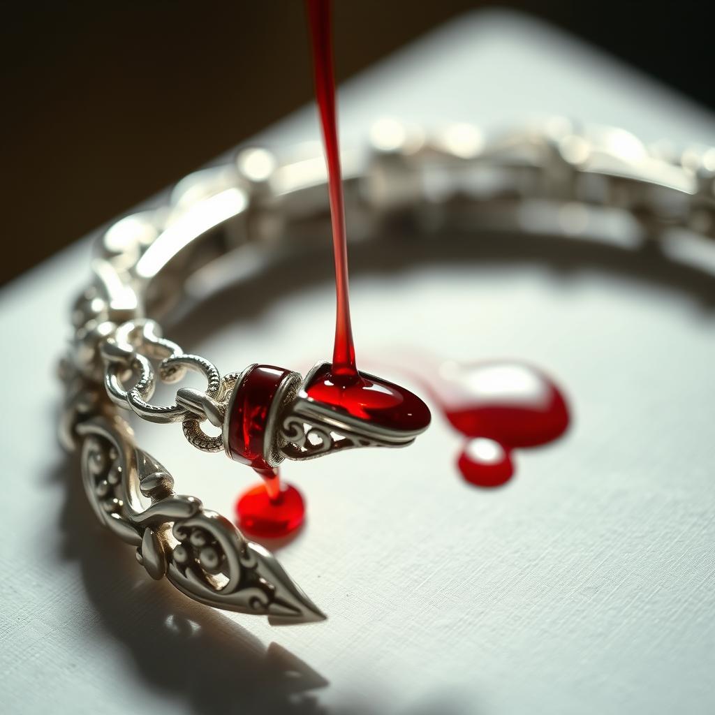 A close-up image of an elegant silver bracelet, its surface glinting in the light