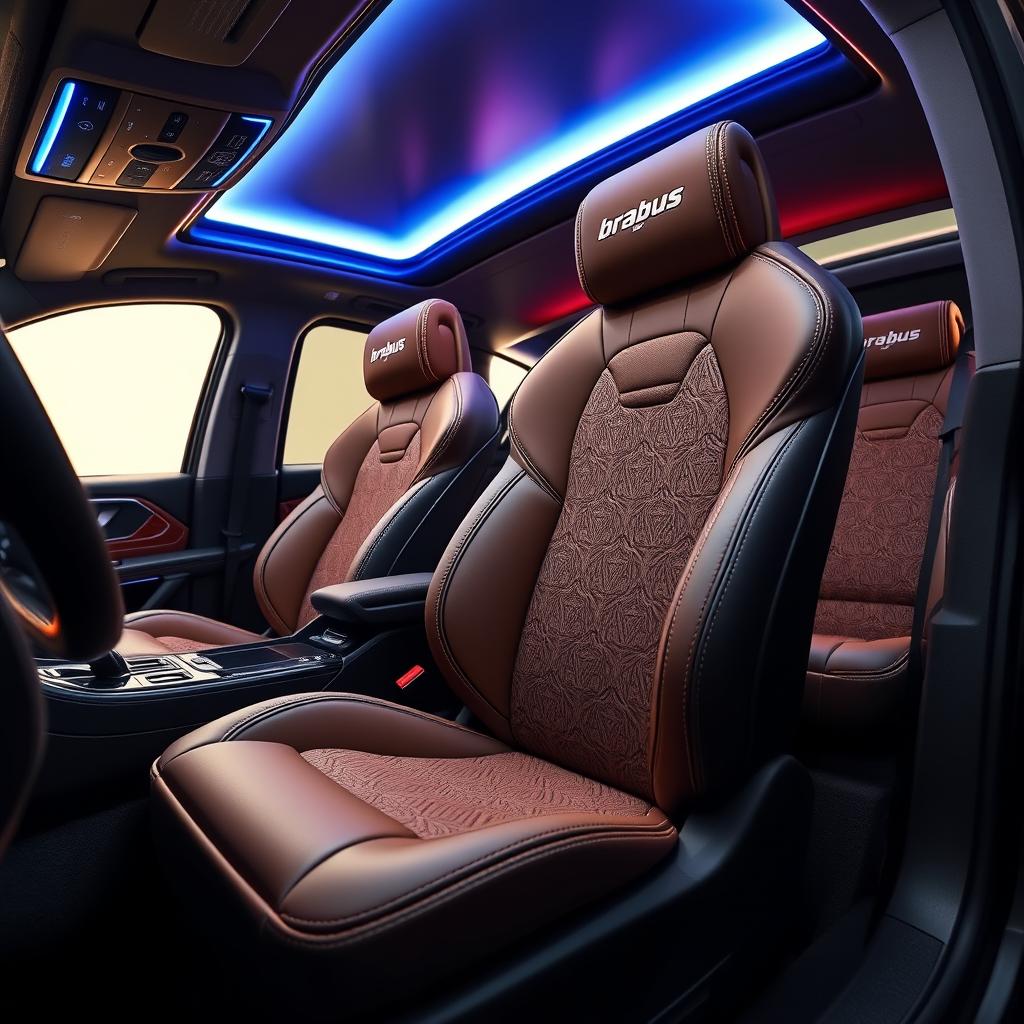 A luxury Brabus interior featuring seat 127, showcasing premium leather upholstery with intricate stitching, a sleek design, and high-tech features