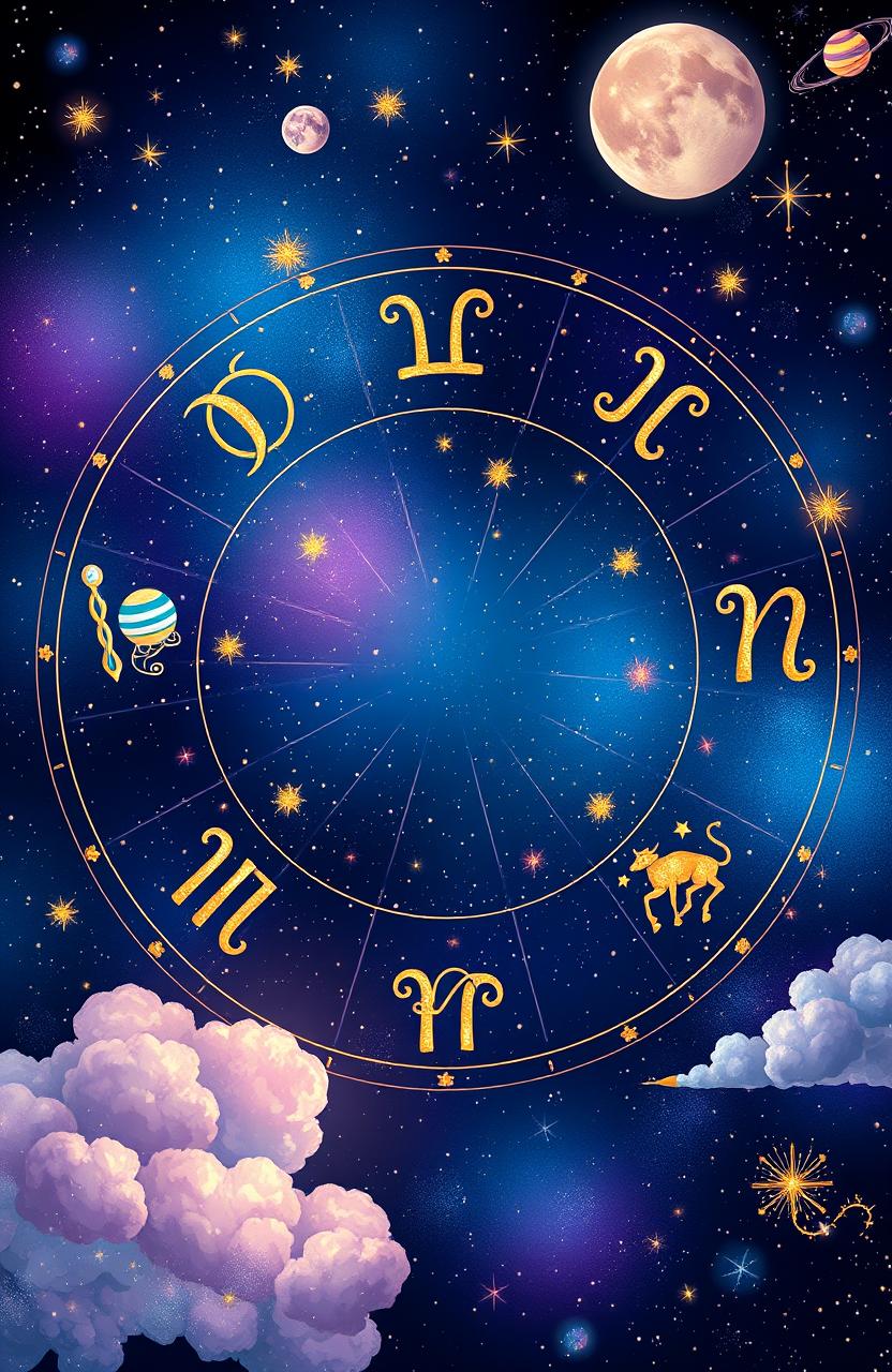A vibrant and mystical representation of astrology, featuring a celestial scene with the twelve zodiac signs beautifully illustrated as constellations in a starry night sky