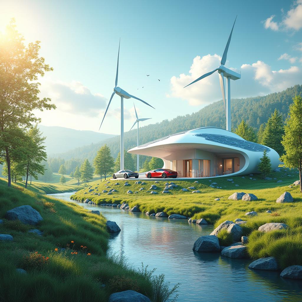 Create a contemporary design of the future set in the vibrant summer backdrop of Siberian nature