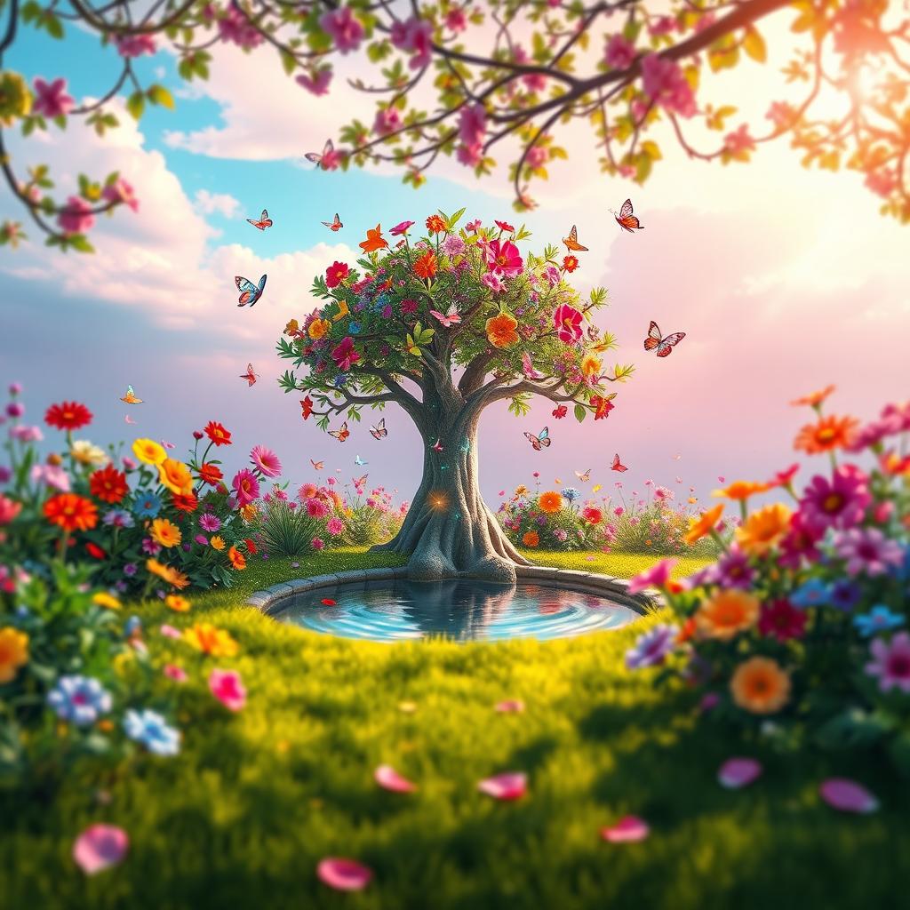 A vibrant, magical garden setting, with colorful flowers blooming in various shapes and sizes