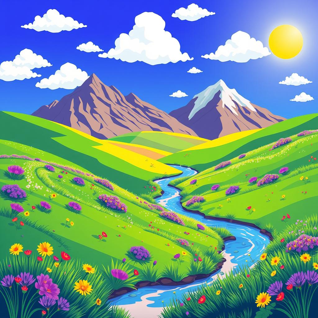 A vector-style illustration capturing a colorful, vibrant landscape features rolling hills with lush green grass, dotted with wildflowers in various shades like purple, yellow, and red