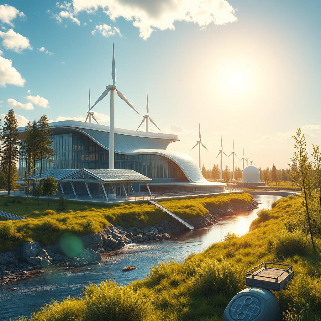 Create a modern design of the future set against the beautiful backdrop of summer Siberian nature